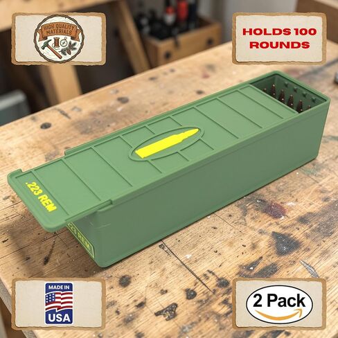 .556 / .223 Ammo Box 100 Round (2 Pack) Stackable Ammo Storage Case Organizer for .556 / .223 Rifle Ammunition with Secure Lid – Durable Ammo Holder Made in USA in Saudi Arabia