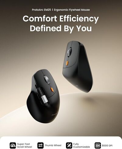 ProtoArc Ergonomic Wireless Mouse, EM25 Fast Scrolling & Side Scroll, Customizable Bluetooth Rechargeable Mouse, 8000 DPI for Medium to Large Hands, Compatible with Windows/Mac/Android, Black in Saudi Arabia