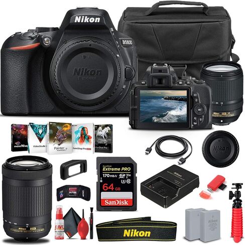 Nikon D5600 DSLR Camera with 18-140mm Lens (1577) + Nikon 70-300mm Lens + 64GB Memory Card + Case + Corel Photo Software + EN-EL14 A Battery + Card Reader + HDMI Cable + Cleaning Set + More in Saudi Arabia