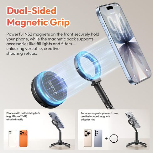 ULANZI MT71 Mini Magnetic Selfie Stick Tripod, Foldable & Lightweight, 180° Tilt, Compatible with iPhone 17-12 Series, with Adhesive Magnetic Ring for Desktop Shooting/Vlog/Selfie in Saudi Arabia