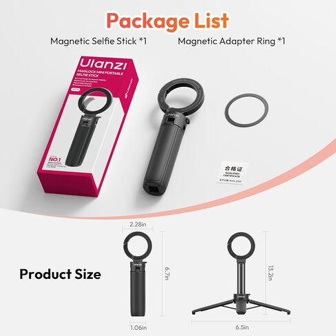 ULANZI MT71 Mini Magnetic Selfie Stick Tripod, Foldable & Lightweight, 180° Tilt, Compatible with iPhone 17-12 Series, with Adhesive Magnetic Ring for Desktop Shooting/Vlog/Selfie in Saudi Arabia