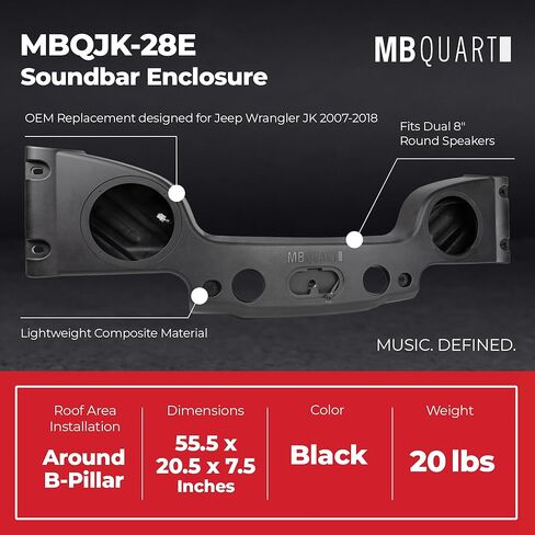 MB Quart Rear Overhead Soundbar Enclosure for 2007-2018 Jeep Wrangler JK, Fits Dual 8" Speakers, OEM Replacement, No Speakers Included in Saudi Arabia