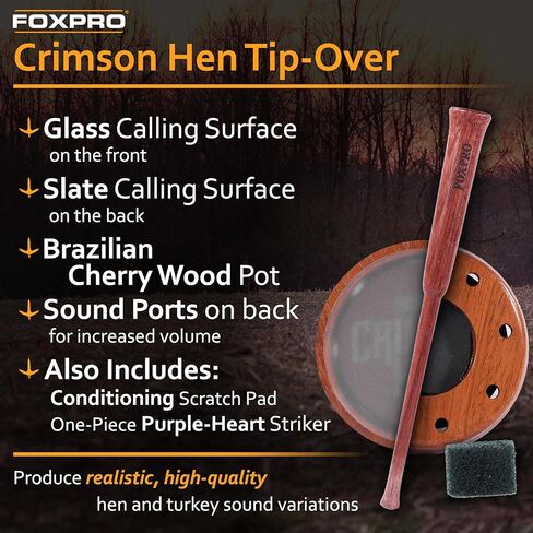 FOXPRO Crimson Hen Tip-Over Turkey Pot Call - Dual-Sided Glass Over Slate - One-Piece Purple Heart Striker - Realistic Turkey and Hen Sounds - Clucks, Purrs, Cuts - High-Volume and Quality - USA Made in Saudi Arabia