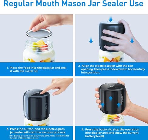 Upgraded Auto Stop Electric Mason Jar Vacuum Sealer Kit (Lids Included) for Wide & Regular Mouth Jars, Large Screen & Battery Level Display, Fully Automatic Portable Canning Food Storage Sealer in Saudi Arabia