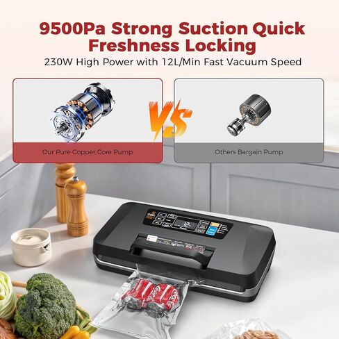 ROUUO 95KPa Vacuum Sealer، آلة ختم الطعام الأوتوماتيكية مع شريط إغلاق مزدوج، 10 أوضاع للطعام الرطب / الجاف / العلبة، قطاعة مدمجة وتخزين اللف، مجموعة بداية كاملة - 230 وات سريعة in Kuwait