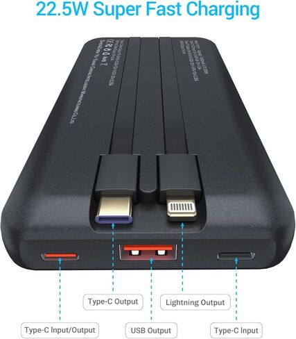 Antteez Portable Charger with Built in Cable - 10000mAh Fast Charging 22.5W Power Bank USB C LED Display Travel Battery Pack 4 Outputs & 2 Inputs for iPhone Samsung iPad Phones Tablets in Saudi Arabia