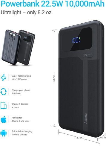 Antteez Portable Charger with Built in Cable - 10000mAh Fast Charging 22.5W Power Bank USB C LED Display Travel Battery Pack 4 Outputs & 2 Inputs for iPhone Samsung iPad Phones Tablets in Saudi Arabia