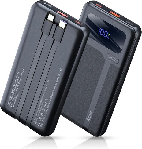 Antteez Portable Charger with Built in Cable - 10000mAh Fast Charging 22.5W Power Bank USB C LED Display Travel Battery Pack 4 Outputs & 2 Inputs for iPhone Samsung iPad Phones Tablets in Saudi Arabia