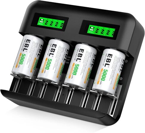 بطاريات EBL C القابلة لإعادة الشحن (4 عبوات) وشاحن بطاريات ذكي LCD لبطاريات Ni-MH AA AAA C D القابلة لإعادة الشحن in Saudi Arabia