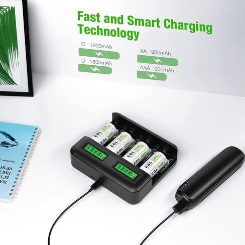 بطاريات EBL C القابلة لإعادة الشحن (4 عبوات) وشاحن بطاريات ذكي LCD لبطاريات Ni-MH AA AAA C D القابلة لإعادة الشحن in Saudi Arabia