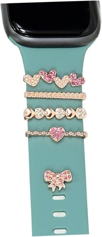 Women Luxury Watch Band Charms With Sparkling Crystal Love Heart & Bow Nails Studs Compatible With Apple Watch Series Ultra/8/7/6/5/4/3/2/SE, Samsung Galaxy/Fitbit Bands,Metal Slide Ring Loops Silicone Strap Accessories . in Saudi Arabia