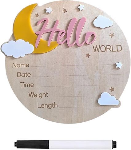 علامة إعلان اسم الطفل، علامة Hello World لحديثي الولادة، 5.9 بوصة لافتة إعلان خشبية للترحيب بالولادة لحديثي الولادة من أجل دش حضانة المستشفى، دعائم صور للأطفال حديثي الولادة الأولاد والبنات (أزرق وأصفر) in Kuwait