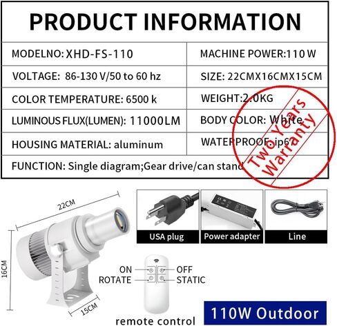 110W GOBO Projector Custom Logo Led Light HD Image for Business Indoor Outdoor Ip67 Waterproof Rotating Advertising Projection Light for Floor Wedding (White) in Kuwait