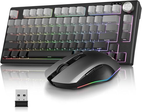 مجموعة لوحة مفاتيح وماوس لاسلكية RedThunder K75، لوحة مفاتيح غشائية محفورة جانبيًا بنسبة 75%، ماوس ألعاب بصري بدقة 4800 نقطة في البوصة، 3 أوضاع (BT/2.4G/سلكي)، نظام مزدوج، إضاءة خلفية RGB، بطارية قابلة لإعادة الشحن، رمادي متدرج in Kuwait
