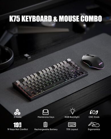 مجموعة لوحة مفاتيح وماوس لاسلكية RedThunder K75، لوحة مفاتيح غشائية محفورة جانبيًا بنسبة 75%، ماوس ألعاب بصري بدقة 4800 نقطة في البوصة، 3 أوضاع (BT/2.4G/سلكي)، نظام مزدوج، إضاءة خلفية RGB، بطارية قابلة لإعادة الشحن، رمادي متدرج in Kuwait