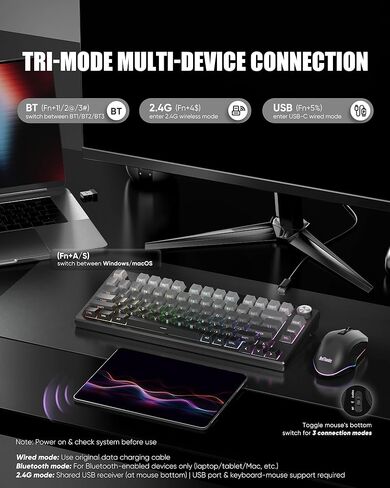 مجموعة لوحة مفاتيح وماوس لاسلكية RedThunder K75، لوحة مفاتيح غشائية محفورة جانبيًا بنسبة 75%، ماوس ألعاب بصري بدقة 4800 نقطة في البوصة، 3 أوضاع (BT/2.4G/سلكي)، نظام مزدوج، إضاءة خلفية RGB، بطارية قابلة لإعادة الشحن، رمادي متدرج in Kuwait