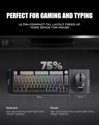 مجموعة لوحة مفاتيح وماوس لاسلكية RedThunder K75، لوحة مفاتيح غشائية محفورة جانبيًا بنسبة 75%، ماوس ألعاب بصري بدقة 4800 نقطة في البوصة، 3 أوضاع (BT/2.4G/سلكي)، نظام مزدوج، إضاءة خلفية RGB، بطارية قابلة لإعادة الشحن، رمادي متدرج in Kuwait