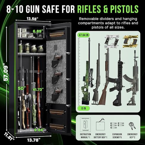 [No Assembly Required] 10-12 Gun Safe for Home Rifles and Pistols, Gun Locker, Biometric Fingerprint & Digital Keypad Locking Security Cabinet, Adjustable Storage Shelf & Rifle Rack in Saudi Arabia