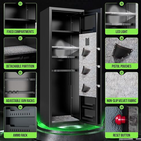 [No Assembly Required] 10-12 Gun Safe for Home Rifles and Pistols, Gun Locker, Biometric Fingerprint & Digital Keypad Locking Security Cabinet, Adjustable Storage Shelf & Rifle Rack in Saudi Arabia