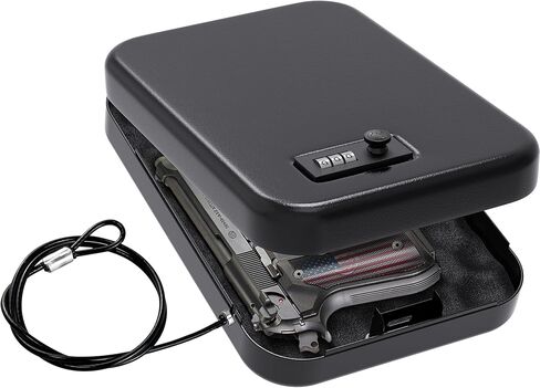 Heavy Duty Steel Portable Gun Safe for Pistols and Valuables - Travel Handgun Lock Box for Car Under Seat and Nightstand - Anti Pry Firearm Safety Case with Security Cable and Foam Padding - Black in Saudi Arabia