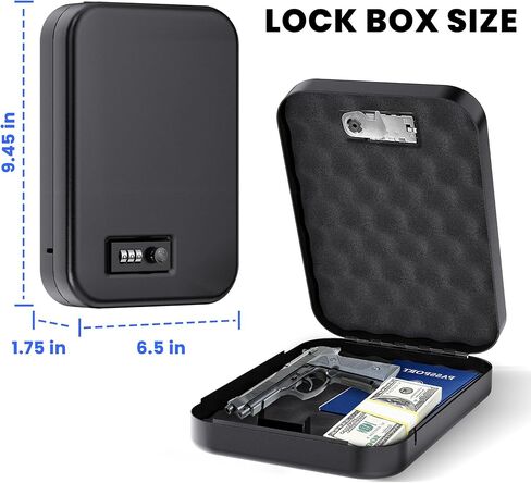 Heavy Duty Steel Portable Gun Safe for Pistols and Valuables - Travel Handgun Lock Box for Car Under Seat and Nightstand - Anti Pry Firearm Safety Case with Security Cable and Foam Padding - Black in Saudi Arabia