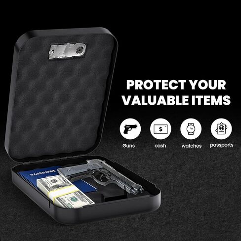 Heavy Duty Steel Portable Gun Safe for Pistols and Valuables - Travel Handgun Lock Box for Car Under Seat and Nightstand - Anti Pry Firearm Safety Case with Security Cable and Foam Padding - Black in Saudi Arabia