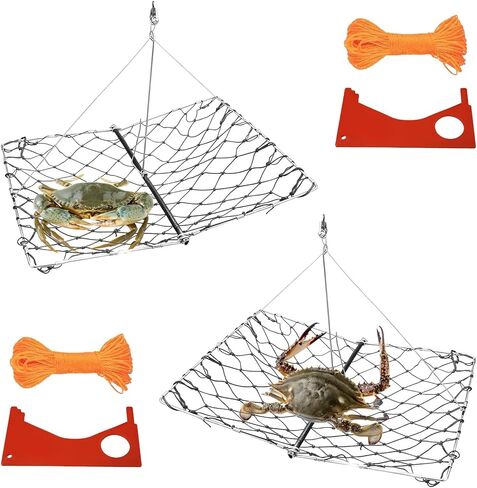2-Pack Castable Crab Traps – Foldable Crabbing Nets with Auto-Close Spring, 33ft Rope & Bait Clip for Blue Crabs, Dungeness, Crawfish | Includes Crab Gauge | Portable Crab Pots for Dock, Pier & Beach in Saudi Arabia