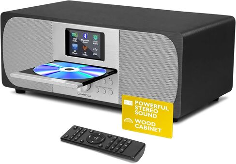 مشغل أقراص مضغوطة LEMEGA MSY1+ مع راديو FM، وبث بلوتوث، ونظام هاي فاي ستيريو 80 وات، وشاشة ملونة كاملة، و30 إعدادًا مسبقًا، وجهاز تحكم عن بعد، وخزانة خشبية صوتية - أسود in Kuwait