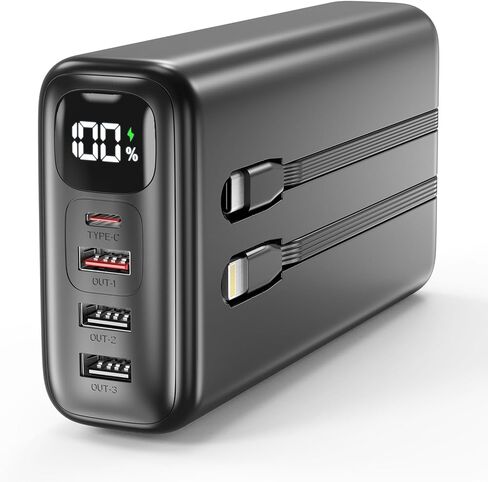 51000mAh Portable Charger with Built-in USB-C & Lightning Cables, 22.5W Fast Charging Power Bank, High Capacity Battery Pack for iPhone, Samsung, Android, Travel, Camping in Kuwait