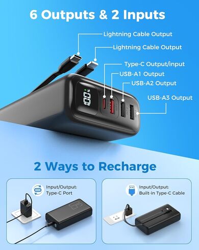 51000mAh Portable Charger with Built-in USB-C & Lightning Cables, 22.5W Fast Charging Power Bank, High Capacity Battery Pack for iPhone, Samsung, Android, Travel, Camping in Kuwait