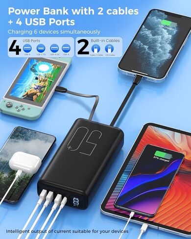 51000mAh Portable Charger with Built-in USB-C & Lightning Cables, 22.5W Fast Charging Power Bank, High Capacity Battery Pack for iPhone, Samsung, Android, Travel, Camping in Kuwait