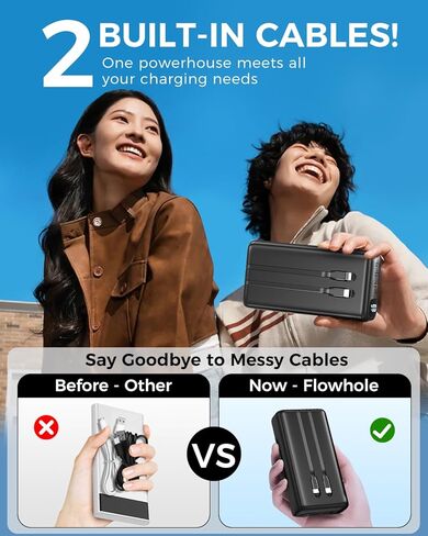 51000mAh Portable Charger with Built-in USB-C & Lightning Cables, 22.5W Fast Charging Power Bank, High Capacity Battery Pack for iPhone, Samsung, Android, Travel, Camping in Kuwait