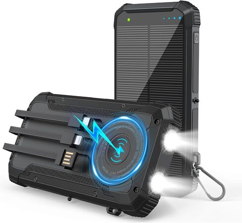 بنك الطاقة الشمسية 20000 مللي أمبير شاحن محمول لاسلكي مدمج 3 كابلات 15 وات USB-C شحن سريع حزمة بطارية سوداء متوافقة مع iPhone وSamsung ومصابيح LED للطوارئ مثالية للتخييم والمشي لمسافات طويلة in Kuwait