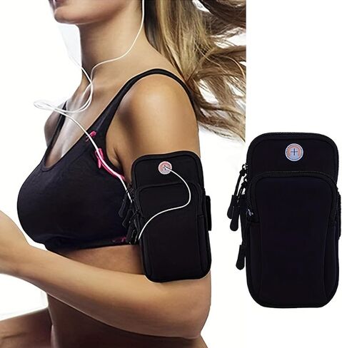 Phone Armband Waterproof Zip Pocket Adjustable Strap Headphone Port Fits iPhone 17-7 Plus Galaxy S26-S24 for Jogging Gym, Black in Saudi Arabia