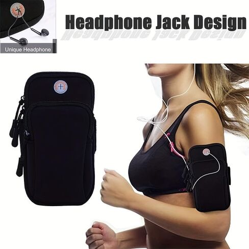 Phone Armband Waterproof Zip Pocket Adjustable Strap Headphone Port Fits iPhone 17-7 Plus Galaxy S26-S24 for Jogging Gym, Black in Saudi Arabia