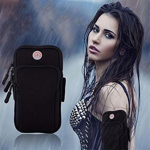 Phone Armband Waterproof Zip Pocket Adjustable Strap Headphone Port Fits iPhone 17-7 Plus Galaxy S26-S24 for Jogging Gym, Black in Saudi Arabia