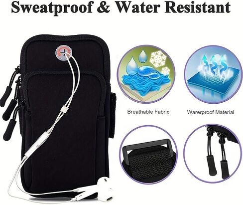 Phone Armband Waterproof Zip Pocket Adjustable Strap Headphone Port Fits iPhone 17-7 Plus Galaxy S26-S24 for Jogging Gym, Black in Saudi Arabia