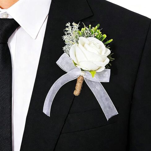 Latious Wedding Rose Boutonniere White Groom Flower الرجال Boutineer حفلة موسيقية عروة حزب البدلة ديكور الذكرى السنوية للعريس وأفضل رجل (A- أبيض) in Kuwait