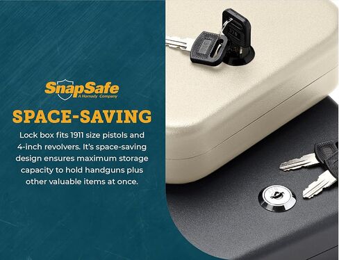صندوق القفل المحمول SnapSafe للبنادق والأشياء الثمينة - يتضمن صندوق القفل ومفتاحين وكابل أمان حاصل على براءة اختراع - خزنة مثالية لمسدس السيارة - كبير، 9.5 × 6.5 × 1.75 بوصة in Kuwait