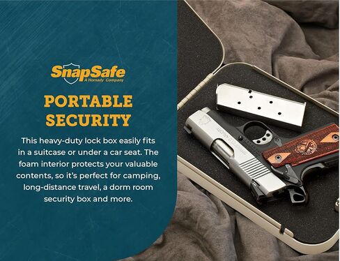 صندوق القفل المحمول SnapSafe للبنادق والأشياء الثمينة - يتضمن صندوق القفل ومفتاحين وكابل أمان حاصل على براءة اختراع - خزنة مثالية لمسدس السيارة - كبير، 9.5 × 6.5 × 1.75 بوصة in Kuwait