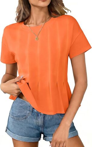 Women's Babydoll Tops T Shirts Peplum Pleated Short Sleeve Cropped Tee Summer Loose Fit Casual Crewneck Tshirts in Saudi Arabia