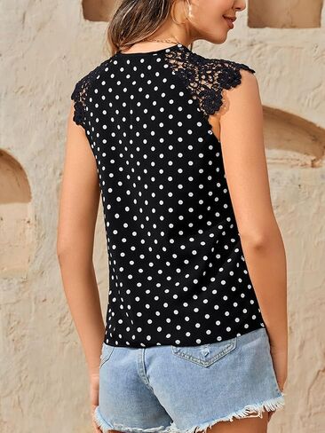Women's Polka Dots Notched Neck Dressy Blouse Lace Hollow Out Cap Sleeve Elegant Tops in Saudi Arabia
