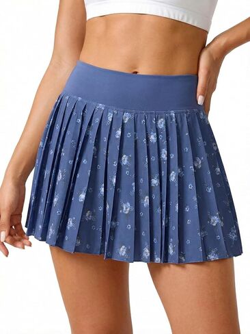 Fisoew Womens Floral Print Pleated Tennis Skirt High Waist Workout Athletic Mini Skirts with Pockets Inner Shorts in Saudi Arabia