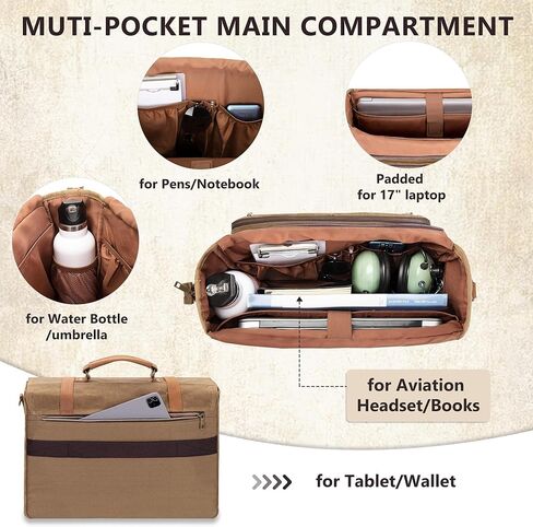 Yarwo Flight Bag for Pilots, Vintage Waxed Canvas Pilot Headset Bag with Accordion File Organizer and 17" Laptop Sleeve for All Flight Gears, Kneeboard, iPad, Logbook, Checklist (Bag Only) in Saudi Arabia