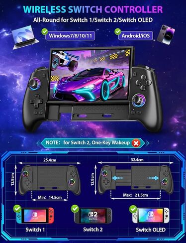 وحدة تحكم التبديل اللاسلكية Fasceote لجهاز Nintendo Switch/OLED/Switch 2، وحدات تحكم احترافية قابلة لإعادة الشحن مع 15 لونًا خفيفًا، تحكم محمول من قطعة واحدة قابل للسحب مع عصا التحكم بتأثير القاعة، توربو، اهتزاز مزدوج in Saudi Arabia
