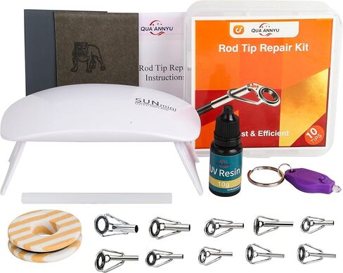 QUA'ANNYU Fishing Rod Tip Repair Kit - 10 Sizes 304 Stainless Steel Top Eyelets, UV Light, Glue, Wrapping Thread & Divided Case for Quick Rod Tip Restoration in Saudi Arabia