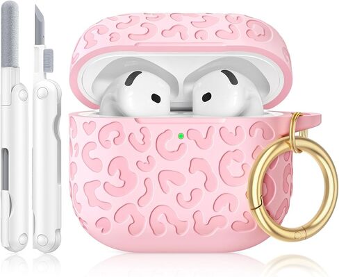غطاء حافظة AirPods 4، غطاء حماية من السيليكون منقوش عليه جلد الفهد متوافق مع حافظة الجيل الرابع من Apple Air Pod للنساء البنات، حافظة iPods 4 اللطيفة مع سلسلة مفاتيح - وردي in Saudi Arabia