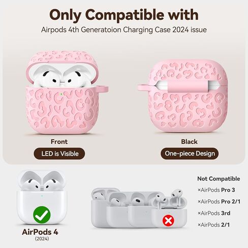 for AirPods 4 Case Cover, Leopard Engraved Silicone Protective Shell Compatible with Apple Air Pod 4th Generation Case for Women Girly,Cute iPods 4 Case with Keychain- Pink in Saudi Arabia