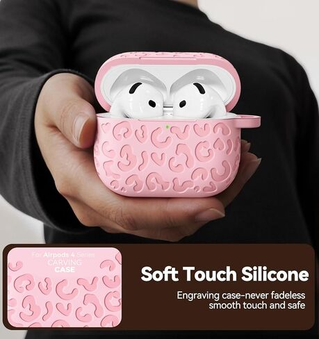 for AirPods 4 Case Cover, Leopard Engraved Silicone Protective Shell Compatible with Apple Air Pod 4th Generation Case for Women Girly,Cute iPods 4 Case with Keychain- Pink in Saudi Arabia