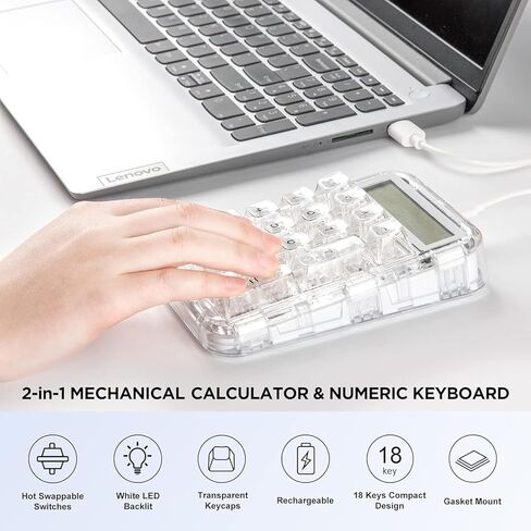 CoolKiller CK21 Mechanical Number Pad with Calculator, 2-in-1 Wired Numeric Keypad, Hot-Swappable 18 Keys, Transparent Backlit Numpad, Rechargeable for Laptop, PC, Desktop (Ice Blade Linear Switch) in Saudi Arabia